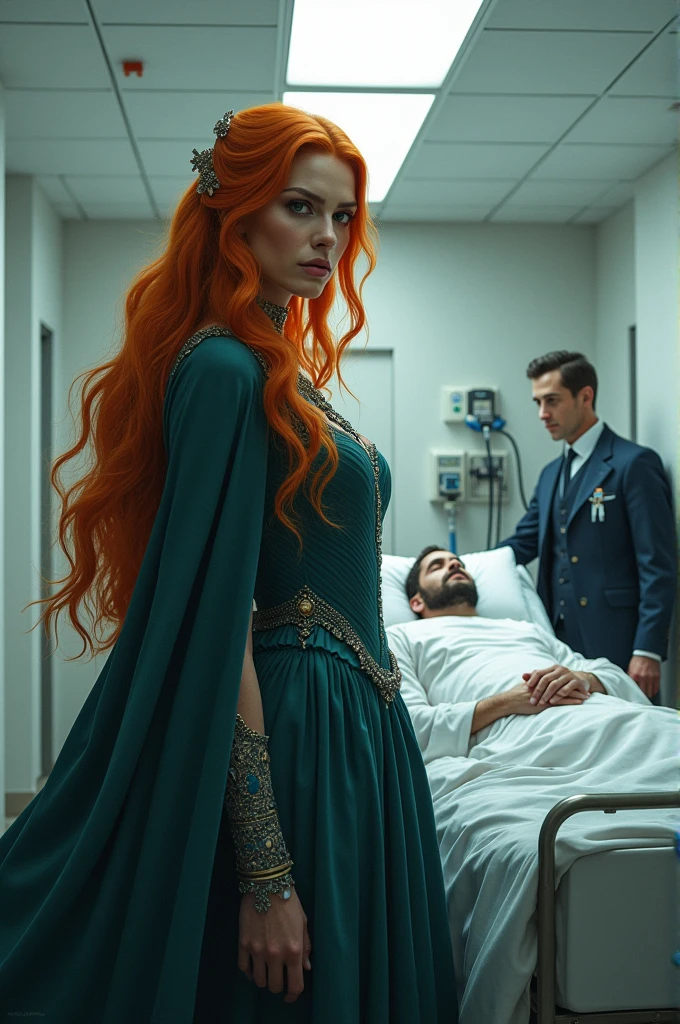 An orange-haired queen woman with her husband in a hospital where there is a man on a stretcher