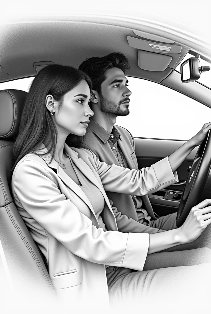 Young couple of clinical laboratory technician and her lawyer boyfriend in drawings inside a car, he with his hand on the steering wheel and the other with his girlfriend, both looking forward