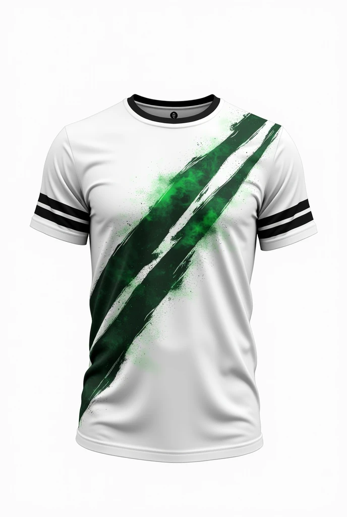 A white T-shirt with dark green claw marks across the entire diagonal and black stripes on the sides., on a white background 