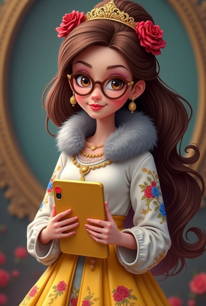 Imagem da filha da Ramona Badwof e da Rosabella Beauty de Ever After High: Long wavy brown ponytail with red streaked bangs, first of all, light brown eyes, brown glasses with a red rose, white blouse with blue, with roses on the blouse and sleeves, yellow skirt with golden roses, a faux fur collar around the neck of gray color, golden flower tiara on head, You have to be holding a yellow tablet with red roses in your hands, You have to have red highlights in your hair