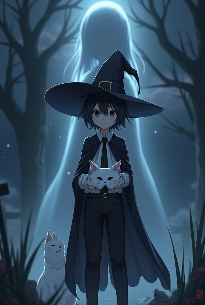 Anime boy with a witch's hat and a costume with a white shirt and a black tie and black pants in a cemetery and behind him a white cat and the environment is at night with fog and the boy has a cape and on the ground y que tenga a su frente su máscara de gato blanco rompiéndose y que a su detrás un fantasma de una chica anime