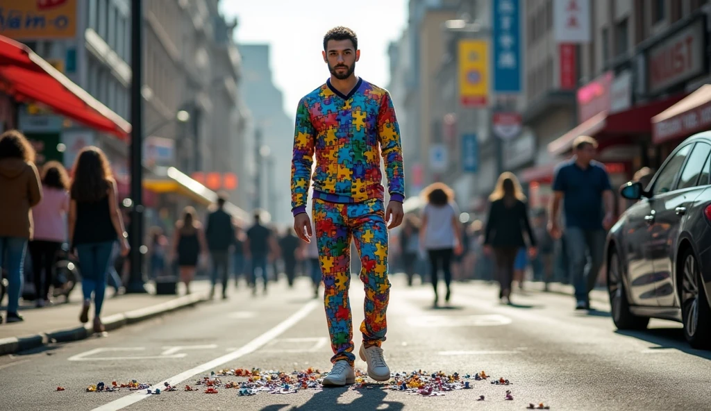 Street photography photo of a man made entirely of puzzle pieces, standing on a bustling city street, with some pieces missing from his body, creating visible gaps, while other puzzle pieces fall onto the sidewalk, full body framing, vibrant urban background with busy pedestrians and traffic, under natural daylight, shot from a slightly low angle, on a Leica Q2 with a 50mm lens, in the style of Tim Flach.