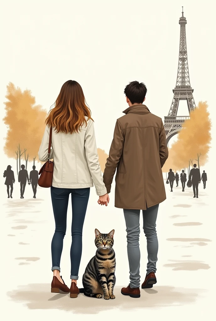 Dessin simple Couple a paris avec chat gris rayé (vue derriere et femme avec cheveux en balayage brun/blond)