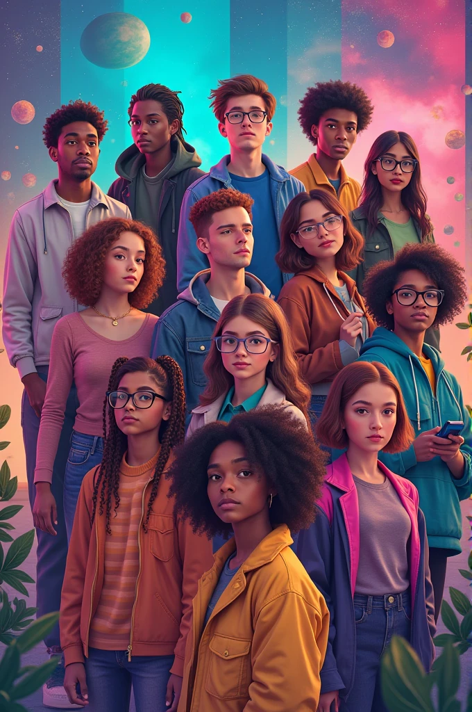 A diverse group of young people in a modern and vibrant environment, surrounded by diverse knowledge elements such as space exploration, make-up, Femdom, clothes and nails, reflecting energy, creativity and curiosity.