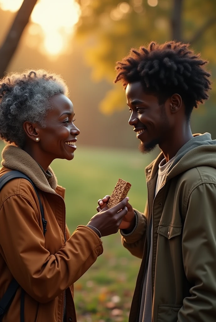 a black man and a black woman, the woman handing a granola bar to the black man, she is 40 and he is 20, detailed facial features, beautiful detailed eyes, beautiful detailed lips, extremely detailed eyes and face, long eyelashes, photorealistic, 8k, ultra-detailed, realistic, physically-based rendering, professional, vivid colors, studio lighting, high quality, dramatic lighting, cinematic, warm color tones, natural lighting, detailed clothing, environmental details, outdoor setting, natural environment, detailed background his face appered
