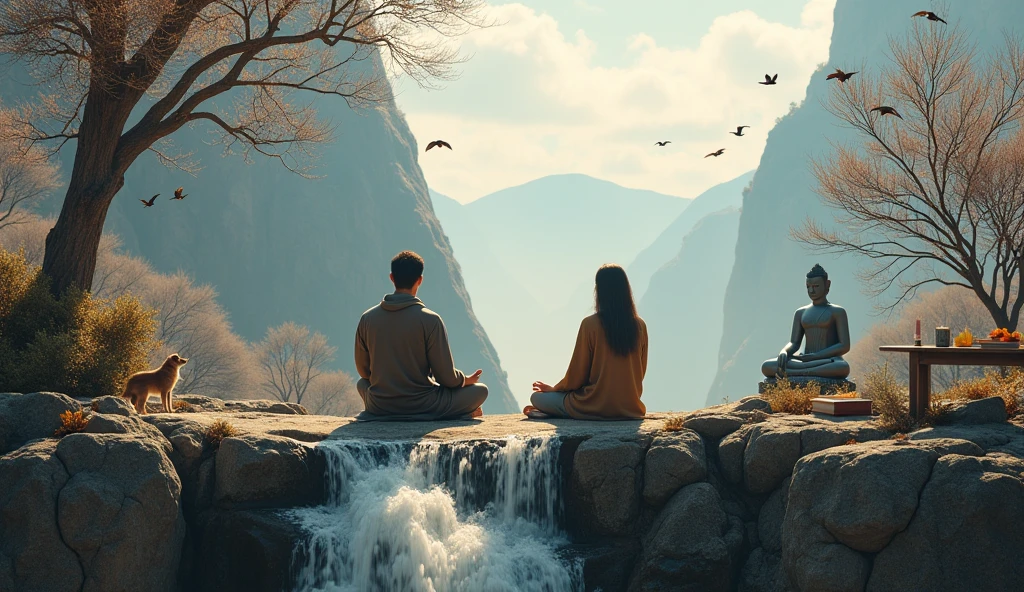 generate 2 people meditating on an ancient mountain next to a table with books and an old candle with a dog and in front there is a waterfall and brown birds flying with dry trees on one side and mature trees on the other with the strong and beautiful sun with the Buddha's statue