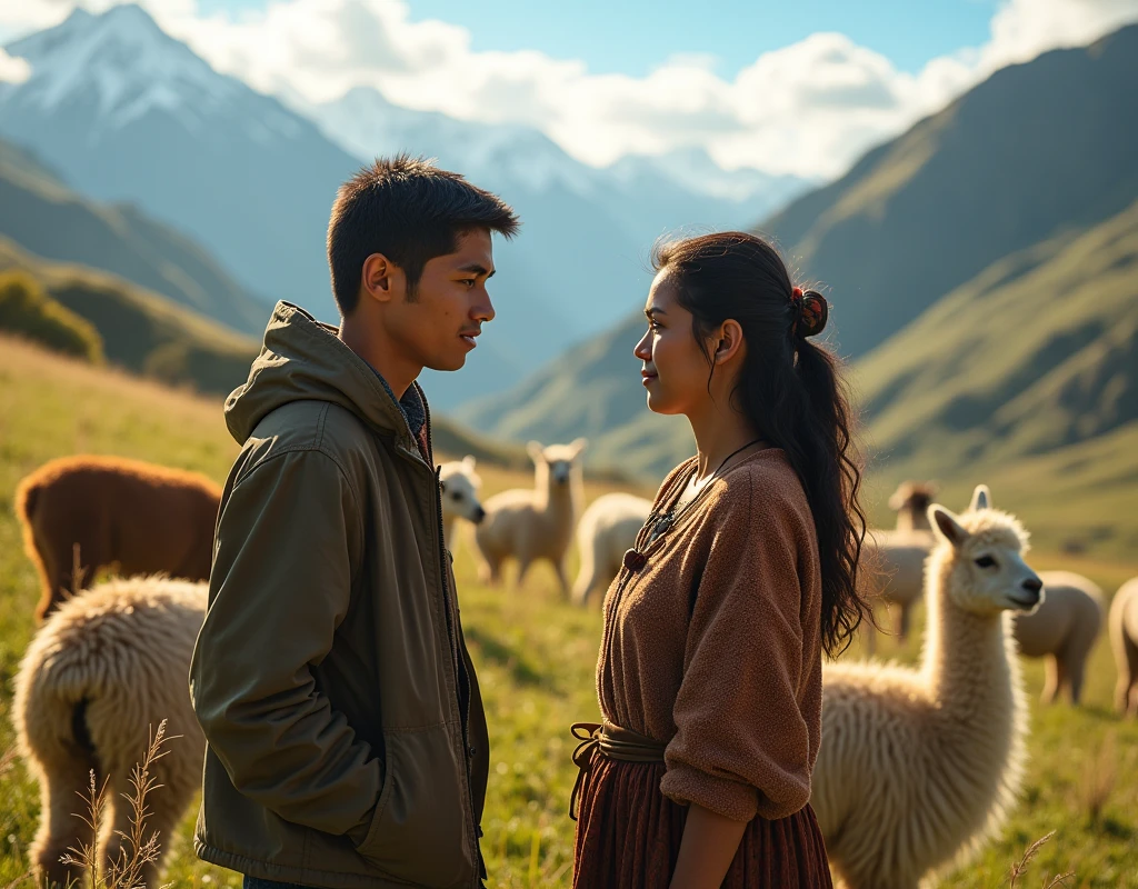 A 20-year-old young woman from the Peruvian Andes grazing many alpacas meeting a young man also from the Peruvian Andes, 1 , poor peasant grazing other people's animals . They both fall in love. horizontal image