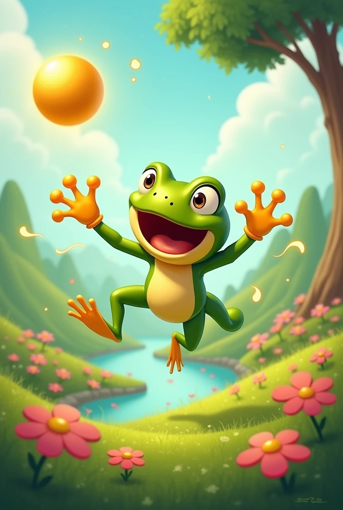 make a frog catching a golden ball cartoon