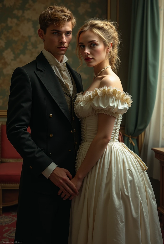 Blonde age girl with green eyes and an hourglass body type with large breasts, thick thighs, thin waist, wide hips, big and fat ass, wearing clothes from the year 1899 next to Micah Bell