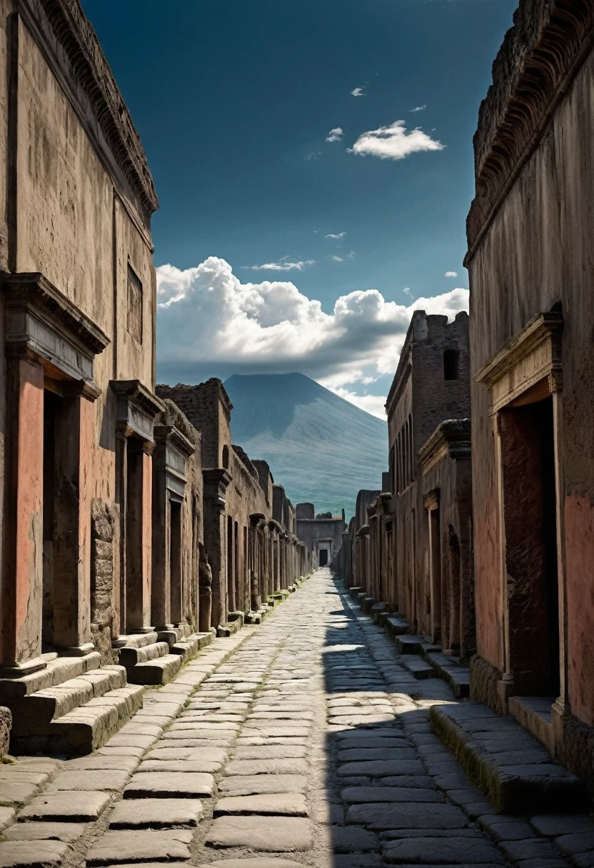 Create a scene of an empty street in ancient Pompeii, with distant sounds of a volcanic eruption. The sky should be darkened by ash, and there should be a feeling of eerie silence, with small hints of an impending disaster, like distant rumbles and light ash falling