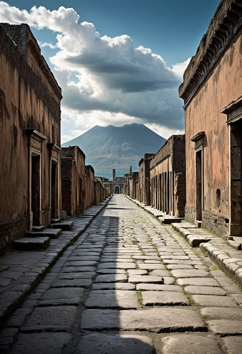 Create a scene of an empty street in ancient Pompeii, with distant sounds of a volcanic eruption. The sky should be darkened by ash, and there should be a feeling of eerie silence, with small hints of an impending disaster, like distant rumbles and light ash falling
