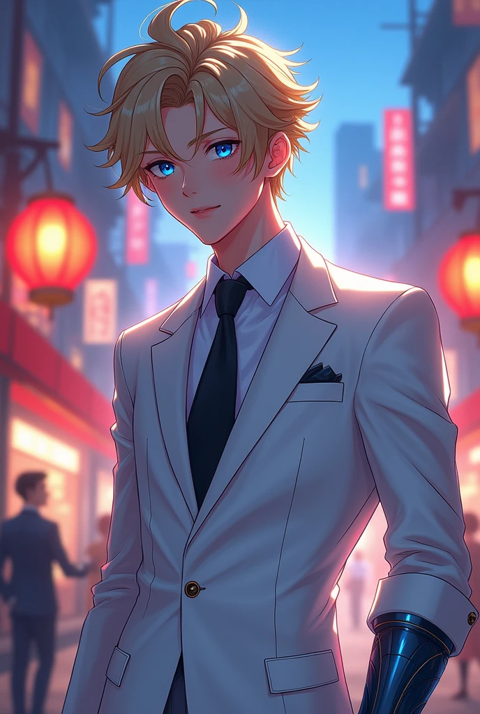 Anime masterpiece, charming boy, inspired by Debonair Ezreal from League of Legends and My Hero Academia aesthetics, captivating smile and confident gaze, donned in a pristine white tailored suit, sleek black tie elegantly knotted, glimmering gauntlet on right hand showcasing intricate mechanical design, striking blue accents reflecting his playful personality, vibrant background of a bustling cityscape at twilight, glowing lanterns and neon signs illuminating the scene, dynamic pose exuding confidence and allure, layers of detail in fabric textures highlighting the craftsmanship of his attire, soft expressive eyes inviting connection, intricate linework conveying movement and energy, harmonious color palette of crisp whites, deep blacks, and vibrant blues, stylized anime features with a youthful edge, emphasizing the character's unique features and fashionable flair, composed at a slight angle to create a sense of depth, dramatic lighting highlighting contours and suit elegance, artistic composition following the rule of thirds to enhance visual interest, anime style with exaggerated proportions and expressive expressions, sho