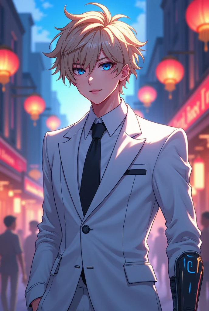 Anime masterpiece, charming boy, inspired by Debonair Ezreal from League of Legends and My Hero Academia aesthetics, captivating smile and confident gaze, donned in a pristine white tailored suit, sleek black tie elegantly knotted, glimmering gauntlet on right hand showcasing intricate mechanical design, striking blue accents reflecting his playful personality, vibrant background of a bustling cityscape at twilight, glowing lanterns and neon signs illuminating the scene, dynamic pose exuding confidence and allure, layers of detail in fabric textures highlighting the craftsmanship of his attire, soft expressive eyes inviting connection, intricate linework conveying movement and energy, harmonious color palette of crisp whites, deep blacks, and vibrant blues, stylized anime features with a youthful edge, emphasizing the character's unique features and fashionable flair, composed at a slight angle to create a sense of depth, dramatic lighting highlighting contours and suit elegance, artistic composition following the rule of thirds to enhance visual interest, anime style with exaggerated proportions and expressive expressions, sho
