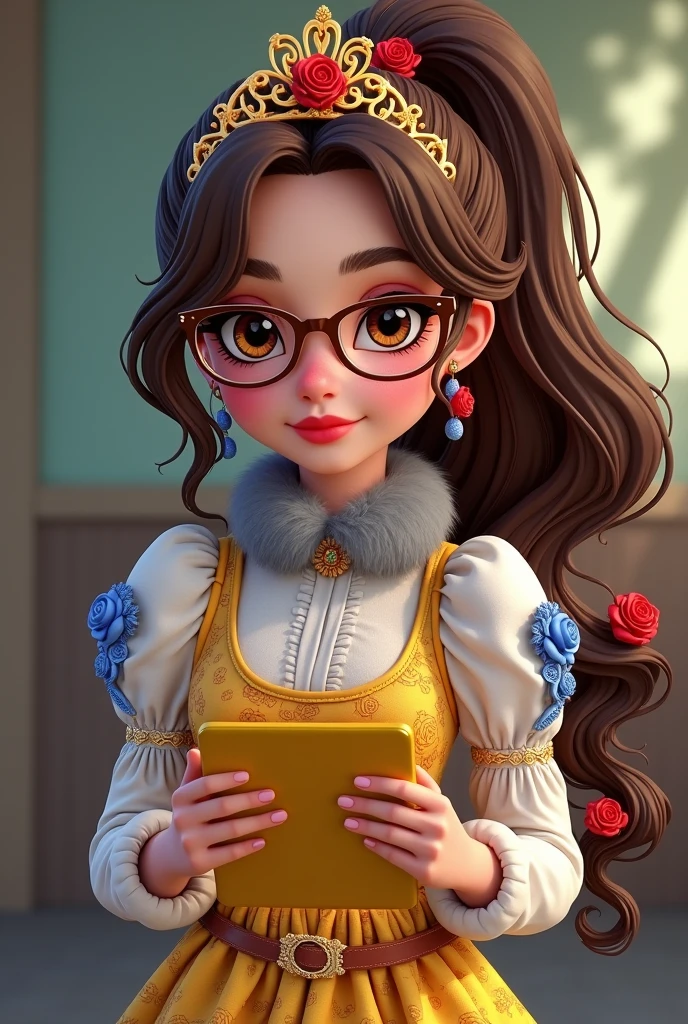 Imagem da filha da Ramona Badwof e da Rosabella Beauty de Ever After High: Long wavy brown ponytail with red streaked bangs, first of all, light brown eyes, brown glasses with a red rose, white blouse with blue, with roses on the blouse and sleeves, yellow skirt with golden roses, a faux fur collar around the neck of gray color, golden flower tiara on head, You have to be holding a yellow tablet with red roses in your hands, You have to have red highlights in your hair