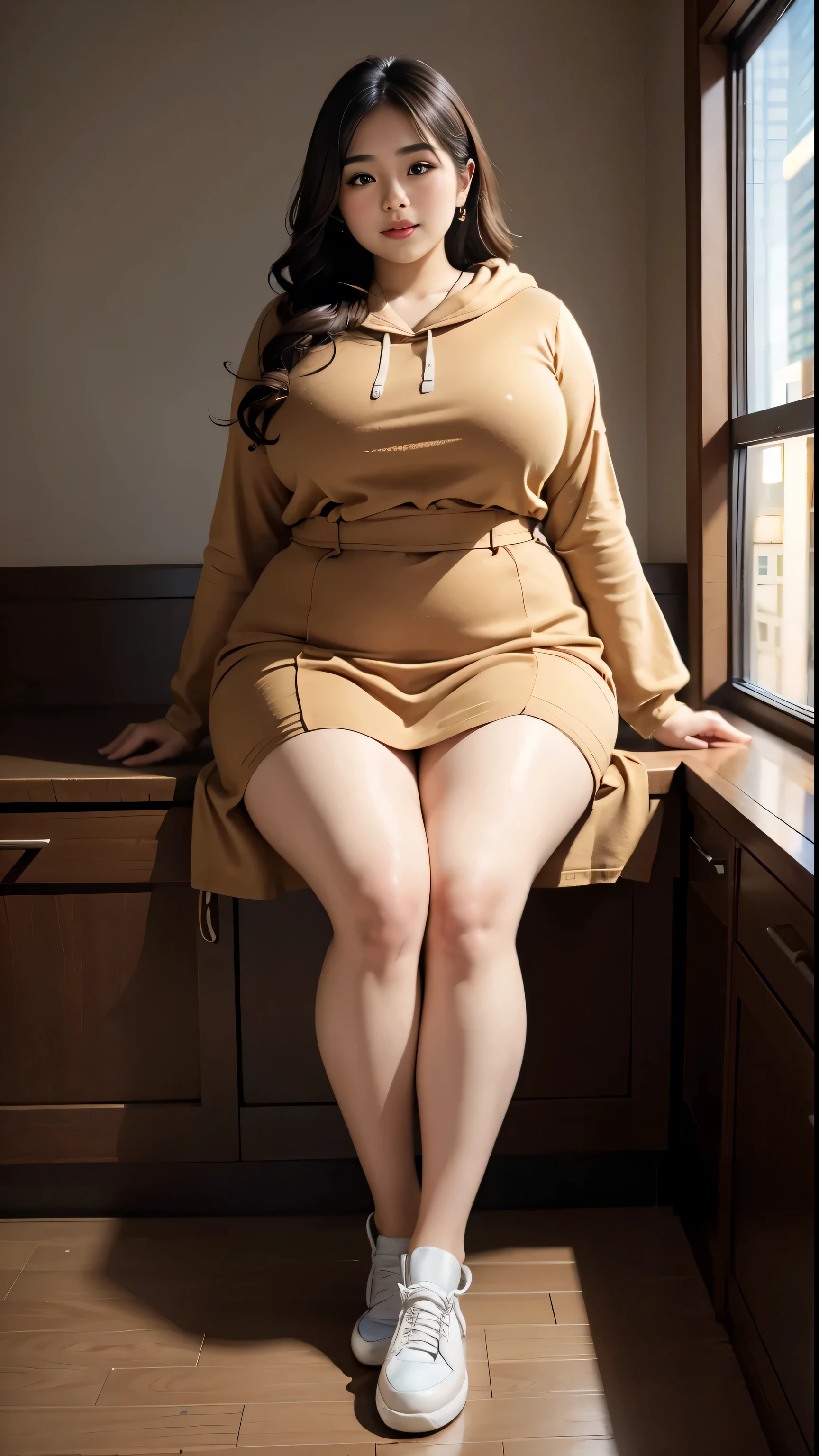 The woman with the longest brown hair is sitting, Chubby, thick, Brown hijab outfit, Brown Hair Style Model, Korean Girls, Korean women, Wearing a brown robe, Full Body Shot, Attractive plus size model, Japanese Goddess, Hooded, Sensual and stimulating, Portrait Shot, Curvy Model, Voluptuous body, wonderful, Tanaka Nene Body , Chubby, The overall atmosphere is smooth , Memorable illustrations, Extremely high resolution detail, photograph, Realism pushed to the limit, Fine texture, 4K, Very detailed, high quality, High Contrast, Red sneakers , Cold atmosphere ,,