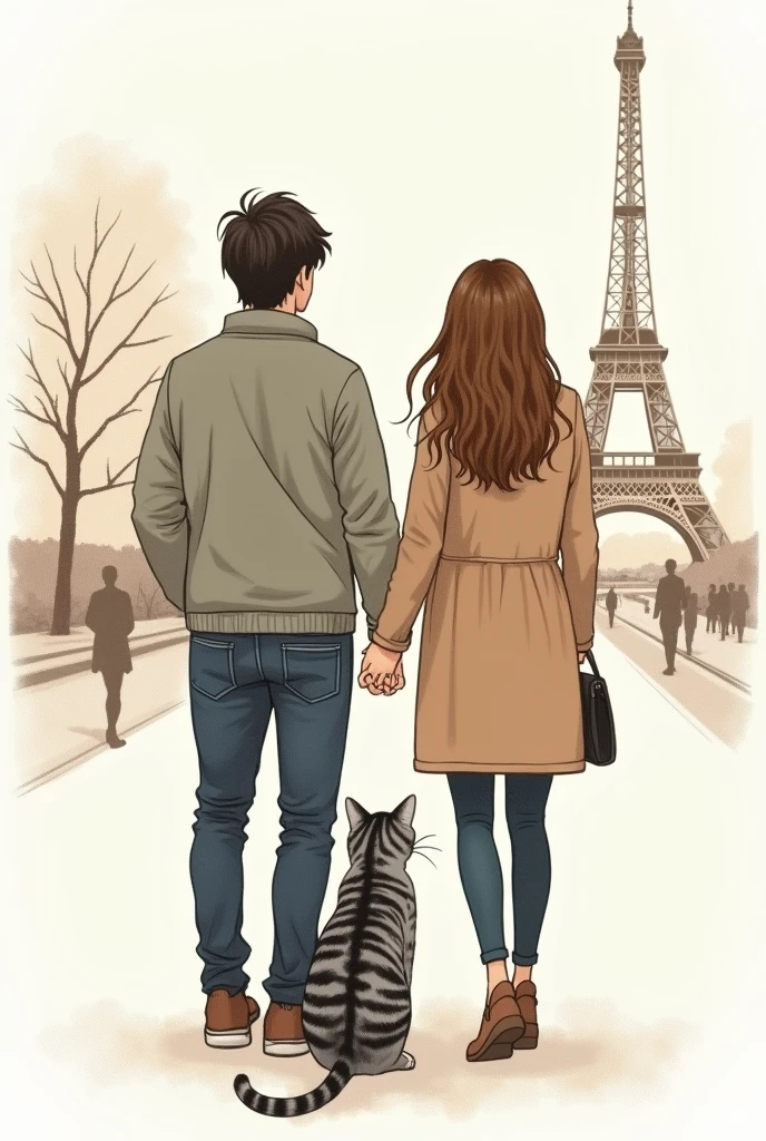 Dessin simple Couple a paris avec chat gris rayé (vue derriere et femme avec cheveux en balayage brun/blond)