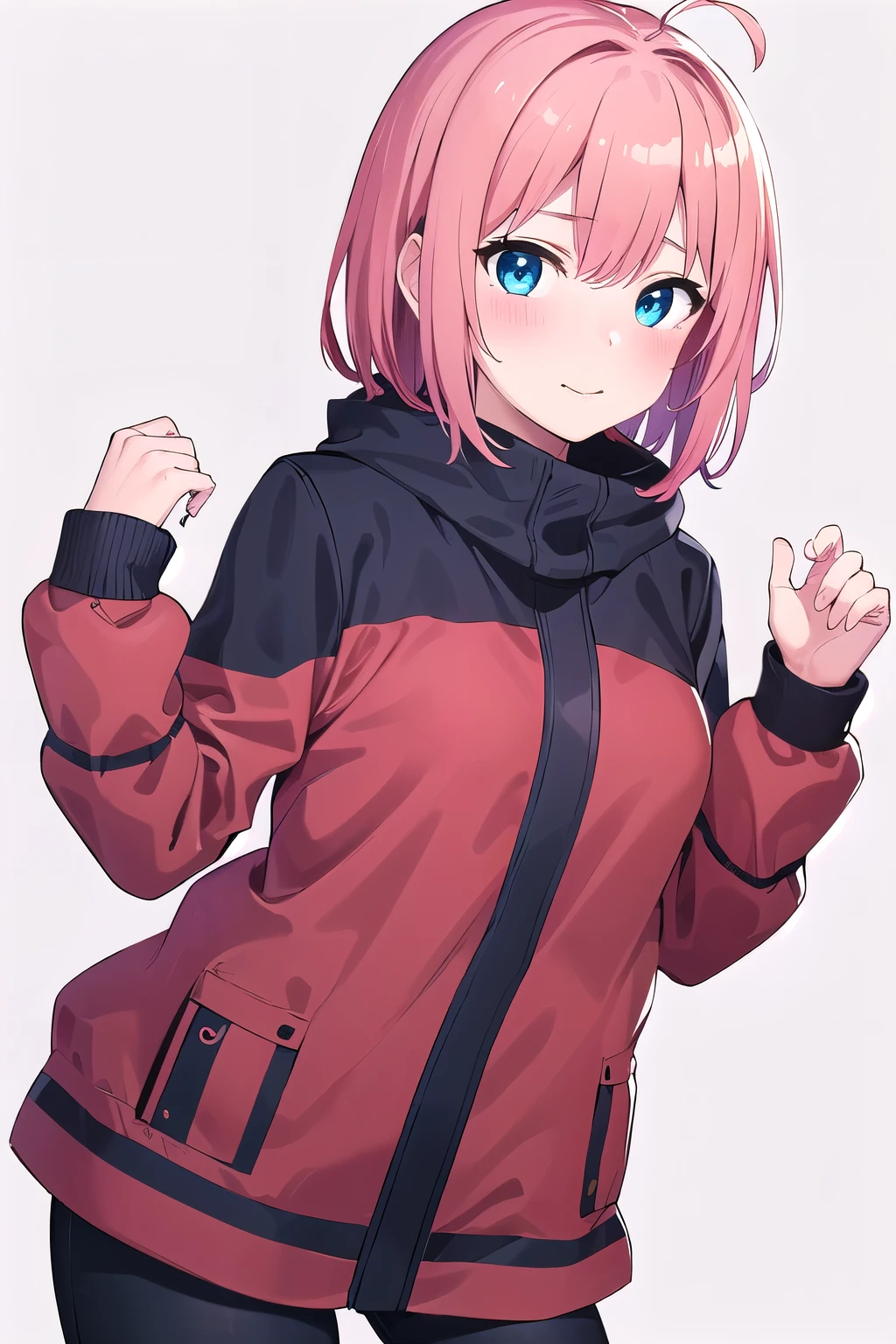 girl,boyish, very short hair, pink Hair, medium Breasts, winter clothing ,Cowboy Shot,blush,sexy face,blue eyes,clearly,Striped pattern, (white background:1.3),