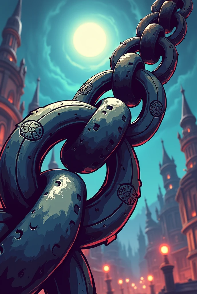 A black chain used as a weapon that has symbols drawn on the links. Cartoon