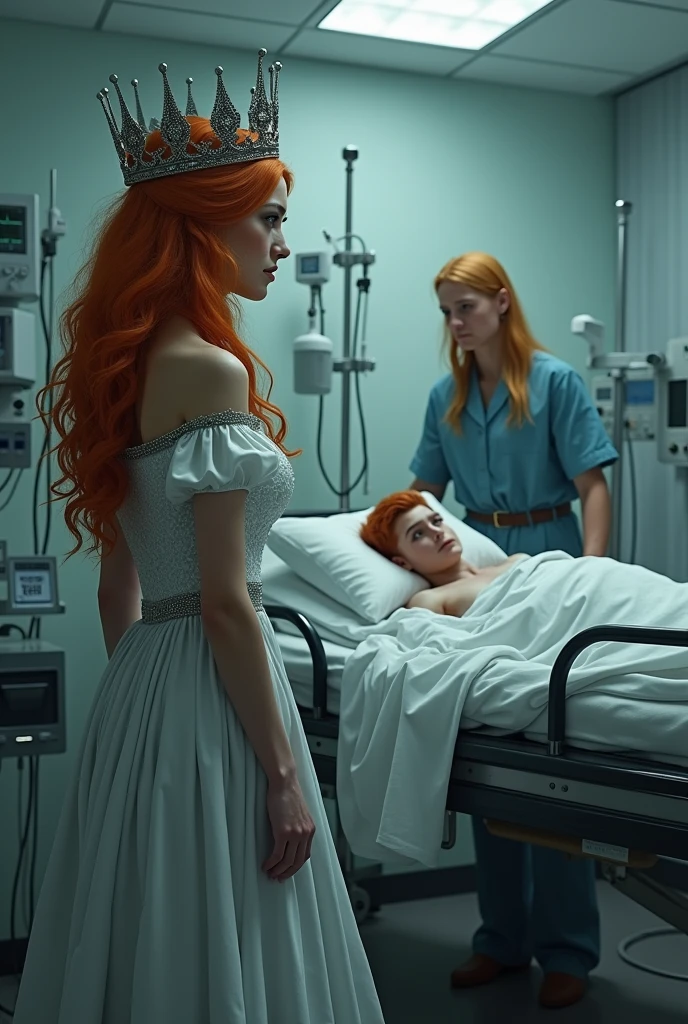 A sad orange haired queen woman with her husband in a hospital looking at where there is a man on a stretcher