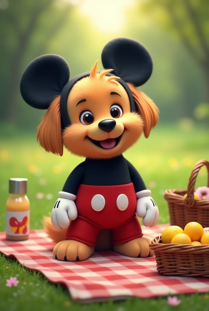 Dog on a picnic dressed as Mickey Mouse