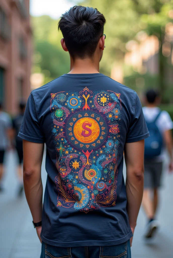 A t-shirt for the college class for the Information Systems course. I want an image that shows the front and back of the shirt. In the front I want something very minimalist, while on the back there is a very psychedelic art.