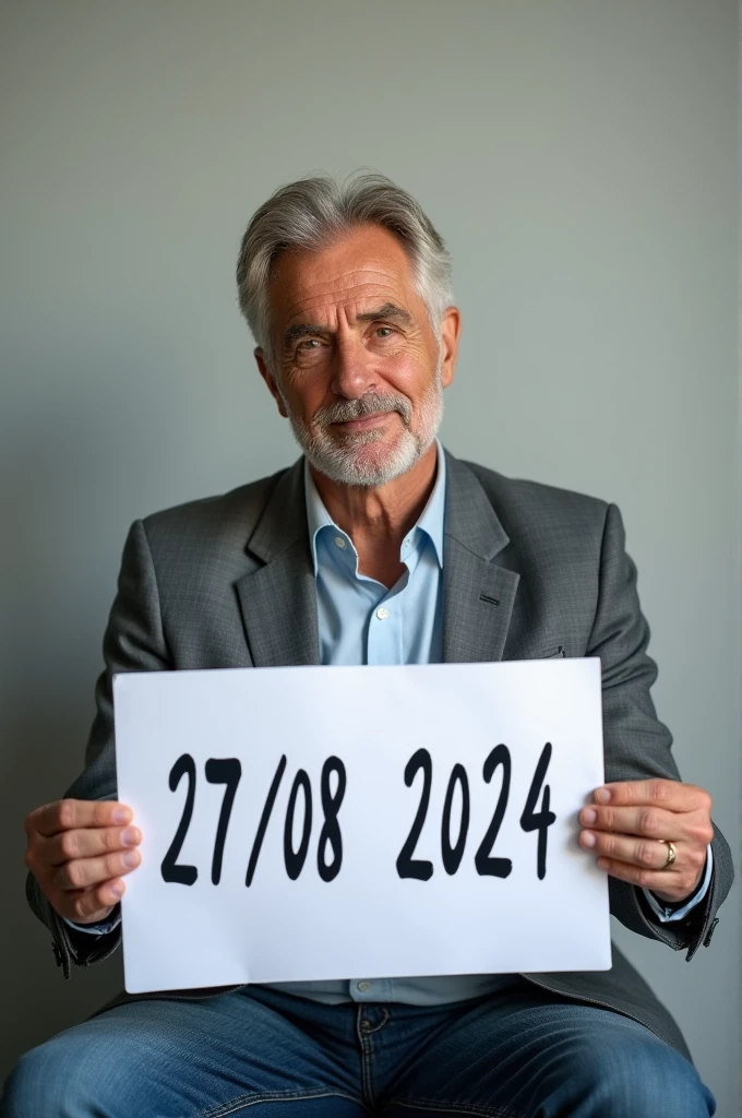 Photo of a man sitting down , holding a white paper with this (27/08/2024) written om the paper 