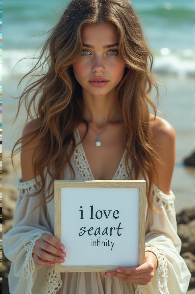 Beautiful girl with wavy long hair, bohemian dress, holding a white board with text "I Love Seaart Infinity" and showing it to the viewer