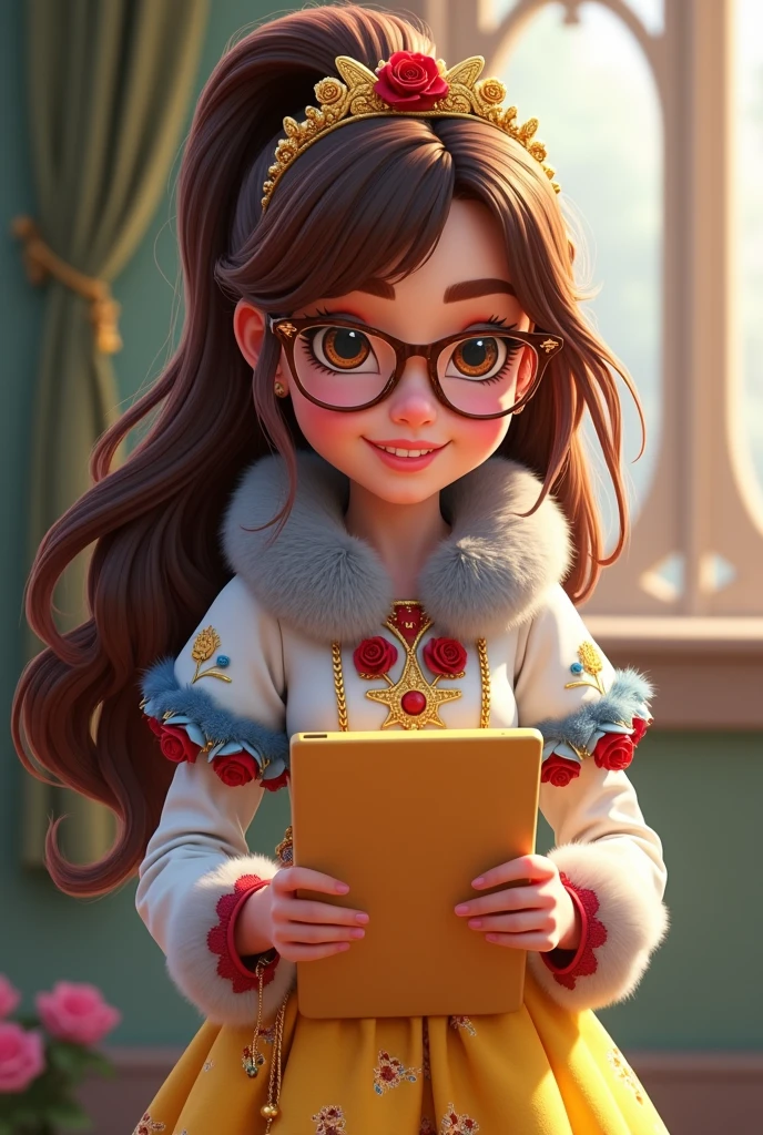 Imagem da filha da Ramona Badwof e da Rosabella Beauty de Ever After High: Long wavy brown ponytail with red streaked bangs, first of all, light brown eyes, brown glasses with a red rose, white blouse with blue, with roses on the blouse and sleeves, yellow skirt with golden roses, a faux fur collar around the neck of gray color, golden flower tiara on head, You have to be holding a yellow tablet with red roses in your hands, You have to have red highlights in your hair
