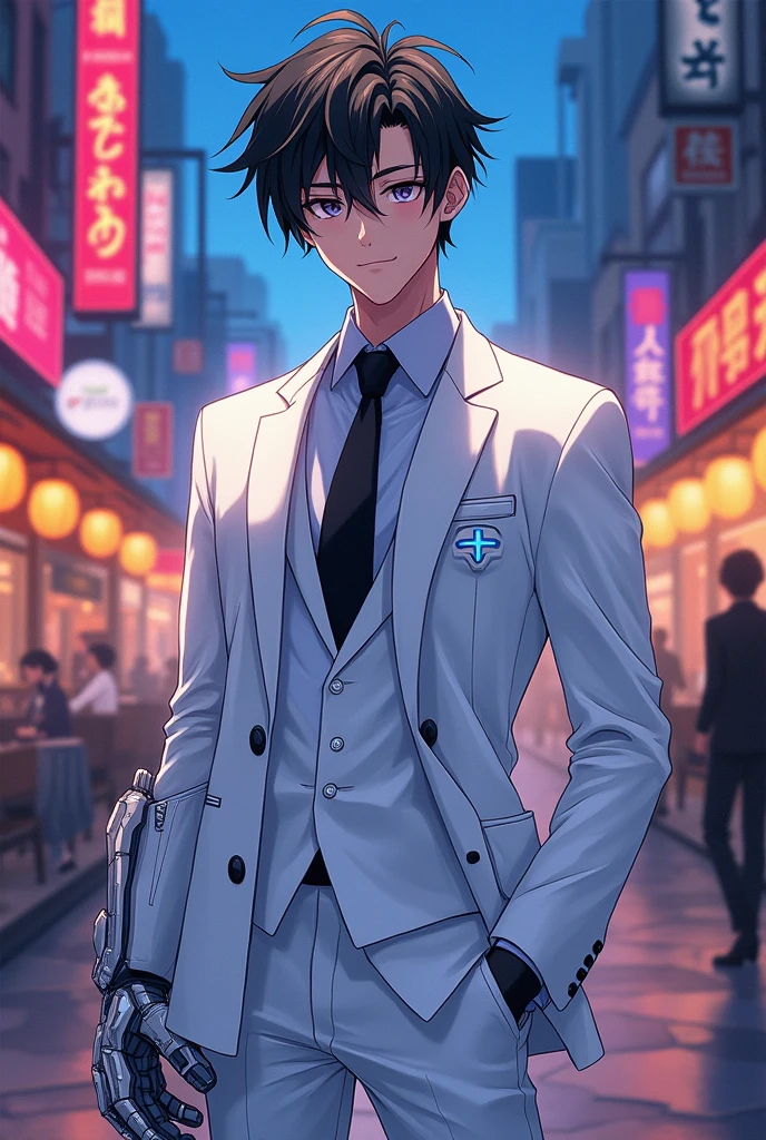 Anime masterpiece, charming boy, inspired by Debonair Ezreal from League of Legends and My Hero Academia aesthetics, captivating smile and confident gaze, donned in a pristine white tailored suit, sleek black tie elegantly knotted, glimmering gauntlet on right hand showcasing intricate mechanical design, striking blue accents reflecting his playful personality, vibrant background of a bustling cityscape at twilight, glowing lanterns and neon signs illuminating the scene, dynamic pose exuding confidence and allure, layers of detail in fabric textures highlighting the craftsmanship of his attire, soft expressive eyes inviting connection, intricate linework conveying movement and energy, harmonious color palette of crisp whites, deep blacks, and vibrant blues, stylized anime features with a youthful edge, emphasizing the character's unique features and fashionable flair, composed at a slight angle to create a sense of depth, dramatic lighting highlighting contours and suit elegance, artistic composition following the rule of thirds to enhance visual interest, anime style with exaggerated proportions and expressive expressions, showcasing the essence of contemporary anime art
