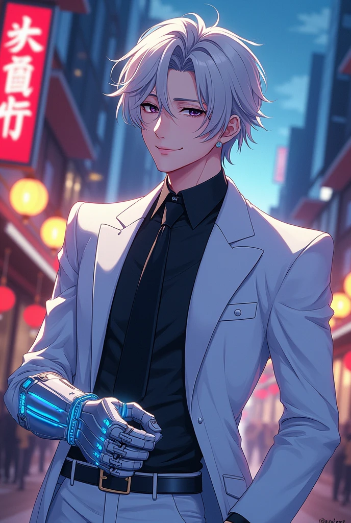 Anime masterpiece, charming boy, inspired by Debonair Ezreal from League of Legends and My Hero Academia aesthetics, captivating smile and confident gaze, donned in a pristine white tailored suit, sleek black tie elegantly knotted, glimmering gauntlet on right hand showcasing intricate mechanical design, striking blue accents reflecting his playful personality, vibrant background of a bustling cityscape at twilight, glowing lanterns and neon signs illuminating the scene, dynamic pose exuding confidence and allure, layers of detail in fabric textures highlighting the craftsmanship of his attire, soft expressive eyes inviting connection, intricate linework conveying movement and energy, harmonious color palette of crisp whites, deep blacks, and vibrant blues, stylized anime features with a youthful edge, emphasizing the character's unique features and fashionable flair, composed at a slight angle to create a sense of depth, dramatic lighting highlighting contours and suit elegance, artistic composition following the rule of thirds to enhance visual interest, anime style with exaggerated proportions and expressive expressions, showcasing the essence of contemporary anime art
