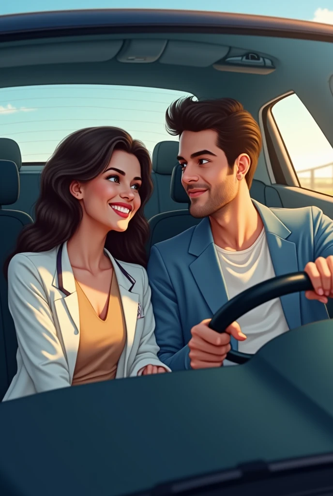 Couple of a clinical laboratory technician girlfriend and her lawyer boyfriend in drawings inside a car, he with his hand on the steering wheel and the other with his girlfriend, both looking forward