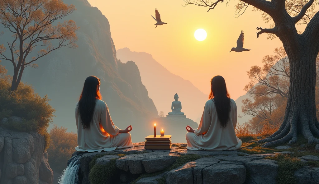 generate 2 people meditating on an ancient mountain next to a table with books and an old candle with a dog and in front there is a waterfall and brown birds flying with dry trees on one side and mature trees on the other with the strong and beautiful sun with the large Buddha's statue in the distance