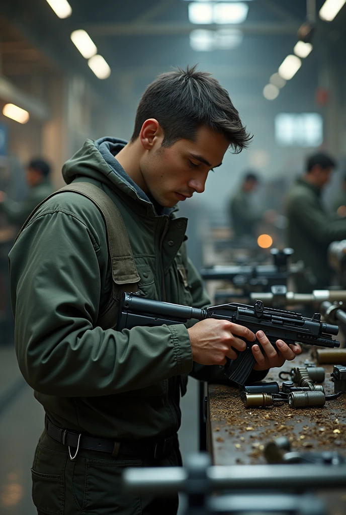 Young man working in a weapons factory