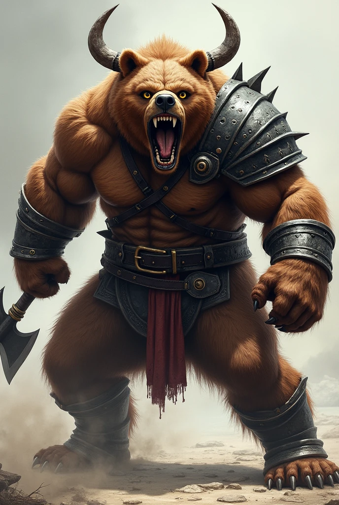 close up face angry warrior bear, open claws on display, attacking, viking armor, attacking com a pata, armed with an axe