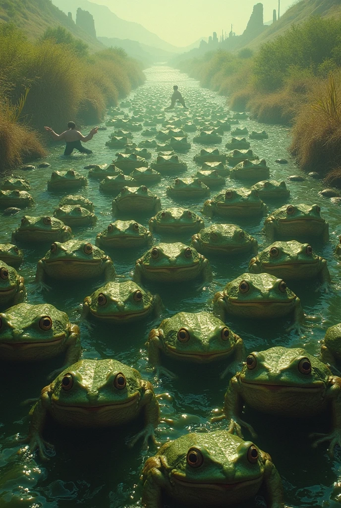 Plague of Frogs: Egypt was invaded by an overwhelming number of frogs that came out of the Nile, People in Egypt fleeing in fear from an invasion of frogs. 4K quality