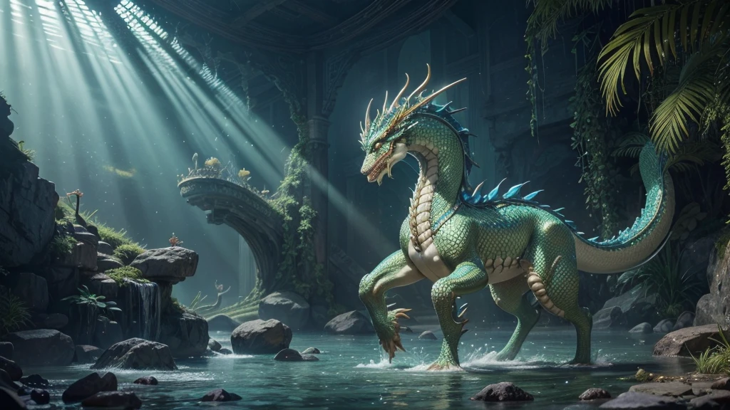 "Create a highly detailed and dynamic scene featuring the Dragon King from 'Journey to the West.' The Dragon King should be depicted as a majestic, serpentine creature with shimmering, iridescent scales in shades of emerald green, sapphire blue, and gold. His body should be long and sinuous, coiled elegantly around a towering, ancient underwater palace adorned with coral and pearls. The palace should have ornate, traditional Chinese architectural elements, with intricate carvings and gold accents. The Dragon King’s eyes should glow with a fierce, otherworldly intelligence, and his whiskers should flow gracefully in the water. Surround him with a vibrant aquatic environment, including schools of fish, colorful coral reefs, and beams of sunlight piercing through the water, creating a mystical and serene atmosphere."