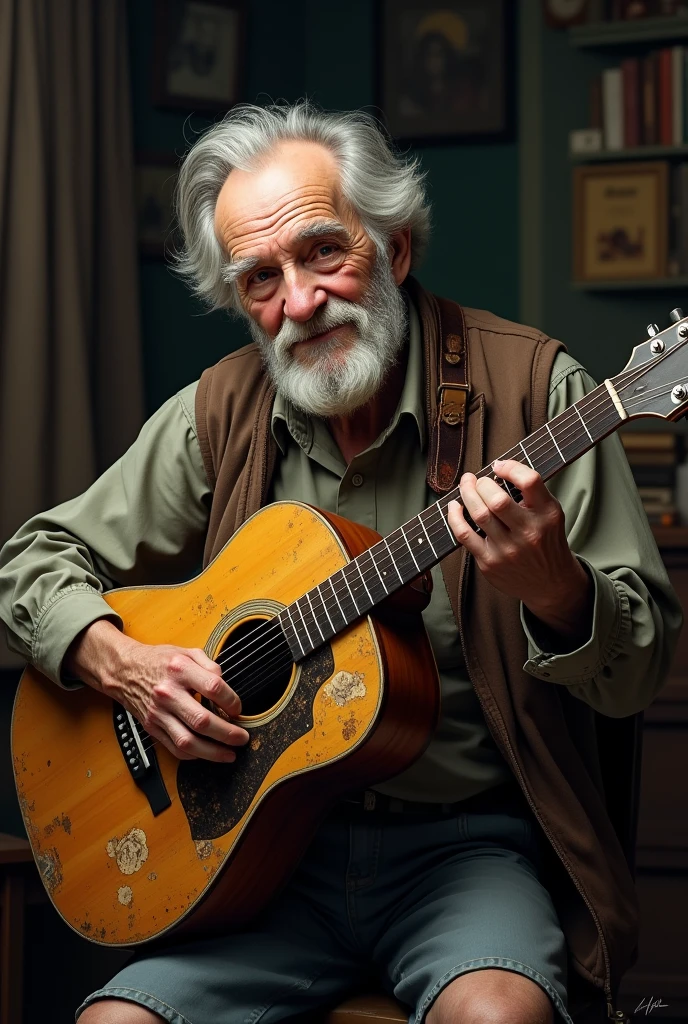 OLD MAN HOLDING AN OLD AND WORN GUITAR
