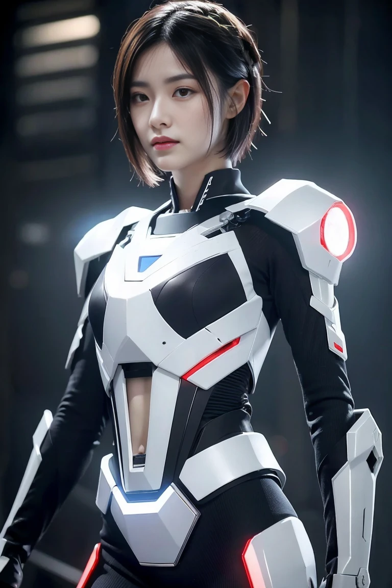 Beautiful Mech Warrior, Small white combat suit with blue LED lights, Show belly, Short blonde hair, shaved on one side, high-tech, assassin, Show lots of skin, Oily skin, Show abdomen, cyberpunk city background, of the future, It is detailed and complex., rift, sexy masterpieces, best quality, Highest quality, high definition, Highly detailed, 8ก, Strong and fit body, naughty, perfect hand, detailed hands, perfect eyes, Detailed eyes, flirtatious, sexy, realistic, do not have, do not have, dynamic, rift