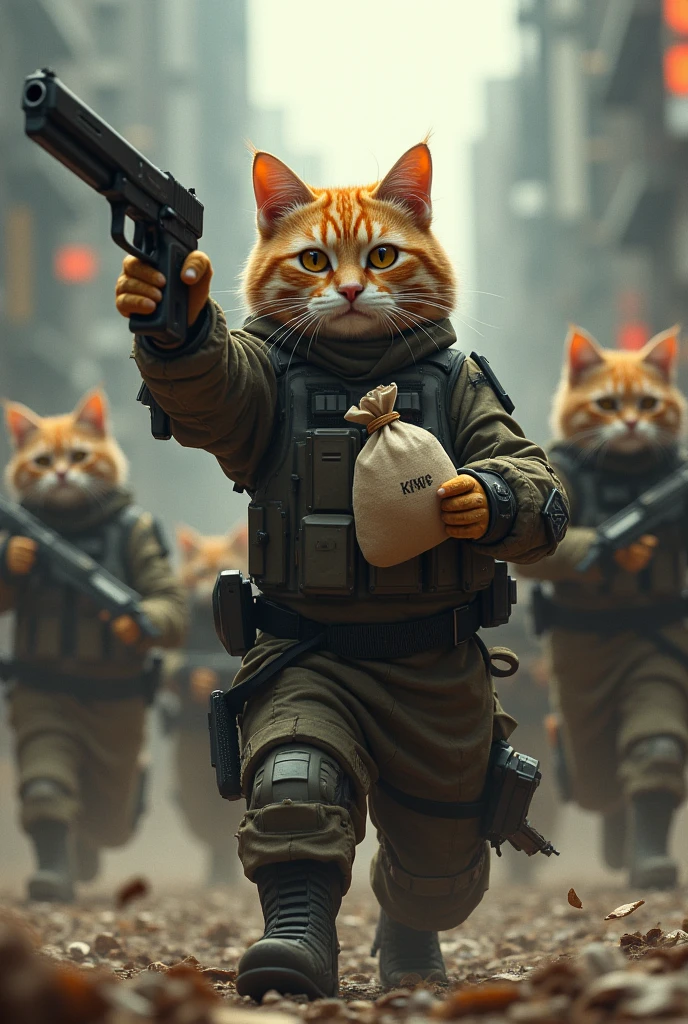 Cat army shoot and robotic backround animals and cat in hand gun and bag at money at .name text tag 7tw king