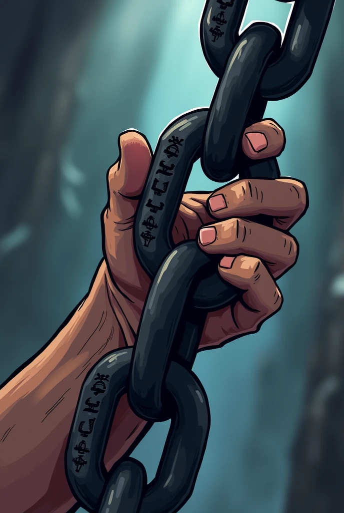 A black chain used as a weapon that has symbols drawn on the links. Cartoon in brown hands.