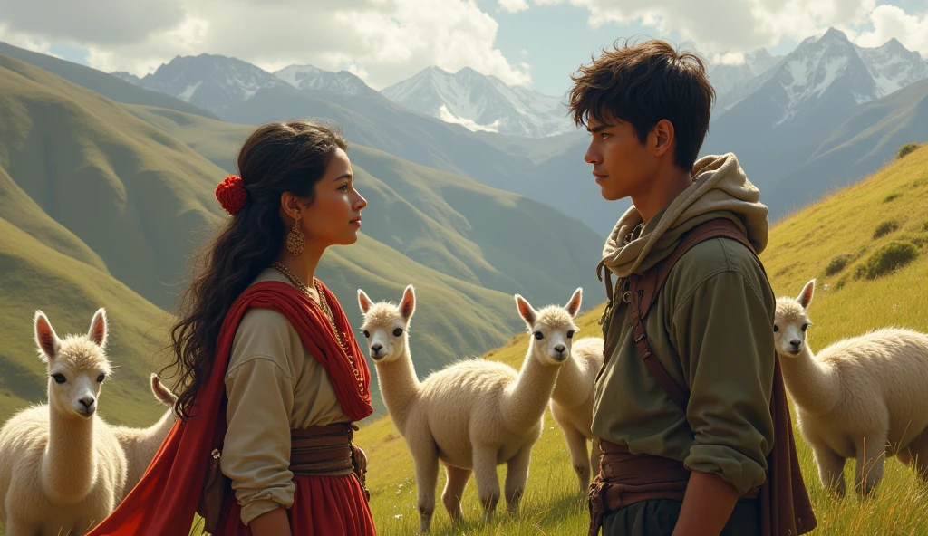 A 20-year-old young woman from the Peruvian Andes grazing many alpacas meeting a young man also from the Peruvian Andes, 1 , poor peasant grazing other people's animals . They both fall in love.