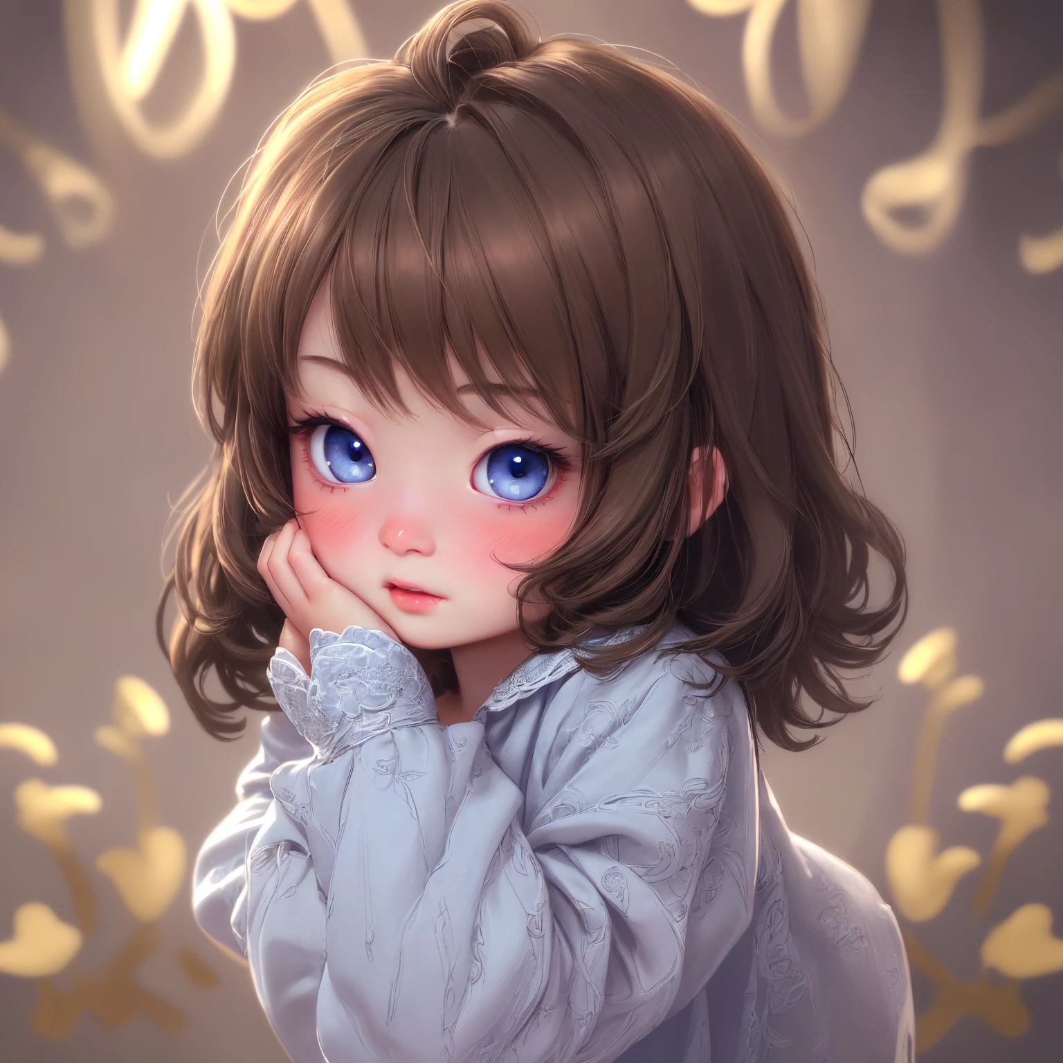 (highy detailed) (with high resolution) (4K quality) (perfect lighting) (face detailed) (detailed hair) (detailedeyes) (detailed nose) (detailed lips) A cute  ???, short brown hair, blue colored eyes, full body image, shy blushing, Hands on cheek.