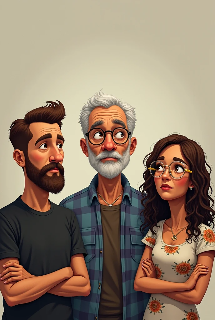 Direct side, Man with round glasses, Onset of baldness, bearded man with plaid shirt, in the middle, woman with long brown curly hair wearing gold-framed glasses and a floral dress and. Left man with shaved brown hair, beard and black t-shirt. The three are counting that there are 4 months left until the end of the year.