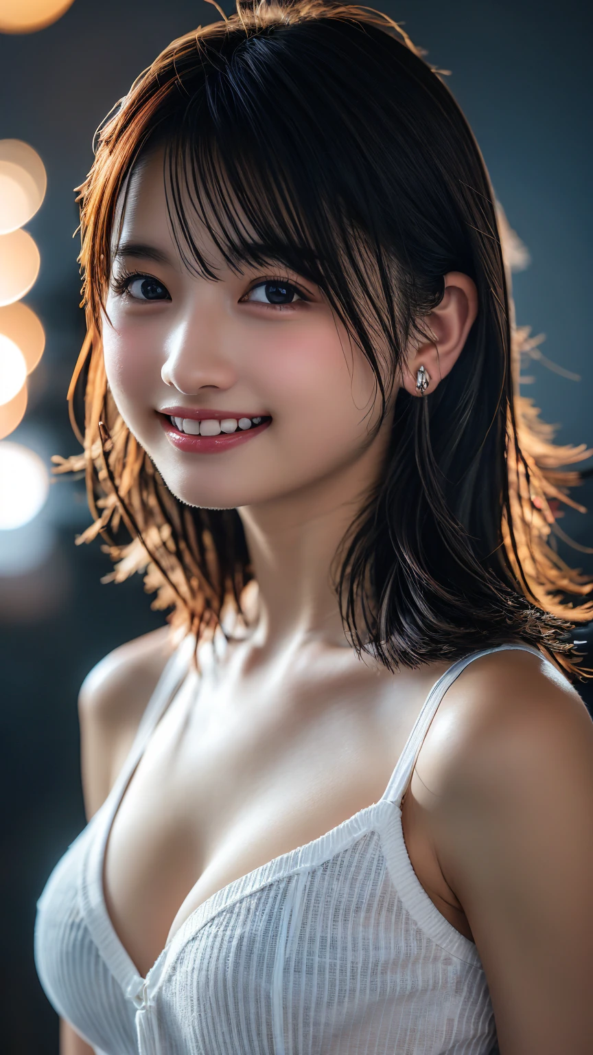 (8k, RAW Photos,Highest quality, High resolution:1.1), (Ultra-realistic:1.4),(Realistic:1.4), Realistic Face,Realistic Body,Realistic Skin,masterpiece,(cute:1.8), Japanese, ((No bra)), Upper Body, Beautiful dark eyes,Innocent eyes,Cinema Lighting,Film Grain,jewelry,Earrings,((Medium Hair:1.1)),Cherry colored lips,Hair Ribbon,ponytail,Audience,Long Hair,,Open your lips,Upper teeth, (Smiling Eyes:0.6),((Grin:1.3)),Blurred Background, Eye focus , Bokeh,young, 85mm lens, Photon Mapping,Radio City,Big 