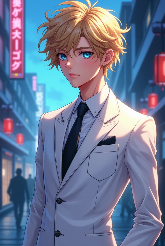 Anime art style, debonair Ezreal from League of Legends, charming figure, cute man, wearing a pristine white suit tailored to perfection, complemented by a classic black tie, tousled blonde hair softly framing his face, expressive azure eyes sparkling with mischief and confidence, standing against a stylish urban backdrop, hints of fantasy intertwined within the modern setting, elegant pose showcasing refined demeanor, delicate emo elements softly woven into his character, such as subtle piercings and a melancholic expression, set within an atmosphere of shimmering neon lights reflecting off nearby surfaces, dynamic composition emphasizing character's movement, bold color palette with contrasting whites and deep blues, smooth linework characteristic of anime, meticulous attention to detail in fabric textures and expressions, captivating blend of modern fashion with fantasy elements, capturing the spirit of adventure and charm that defines Ezreal in the League of Legends universe, vibrant background bustling with energy, showcasing elements of magic typical of the game, enhanced with soft lighting accentuating his features, creating an overall sense of enchantment and allure