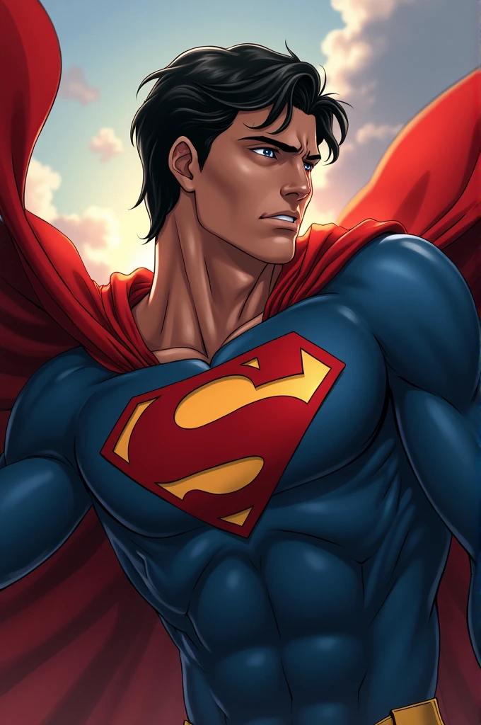 ((best quality)), ((masterpiece)), (detailed), perfect face. Superman, defeated, on his knees, submission, scared, torn/revealing suit, anime. 