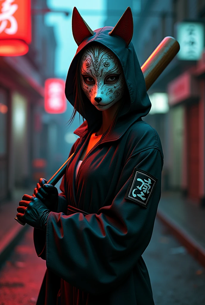 Sukeban woman wearing a kistune mask and holding a baseball bat 