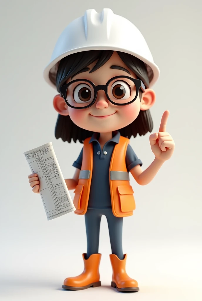 A full body 3D cartoon character. She has a friendly appearance, charismatic appearance and is smiling. The character is a young girl with light skin, straight dark brown hair, thick eyebrows, big brown eyes and wears glasses. His expression is neutral, with a calm and serene demeanor. The character is dressed in a white safety helmet, dark blue polo, orange vest, Security boots. She has a blueprint in one hand and is raising her finger in approval.. The background of the image is neutral, which makes the character stand out even more.