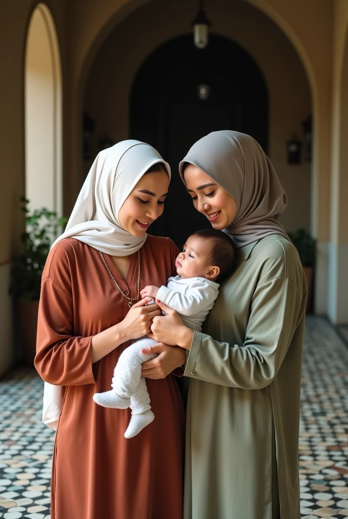   carried by beautiful muslim woman and muslim grandmother facing camera on classic house floor in 1998