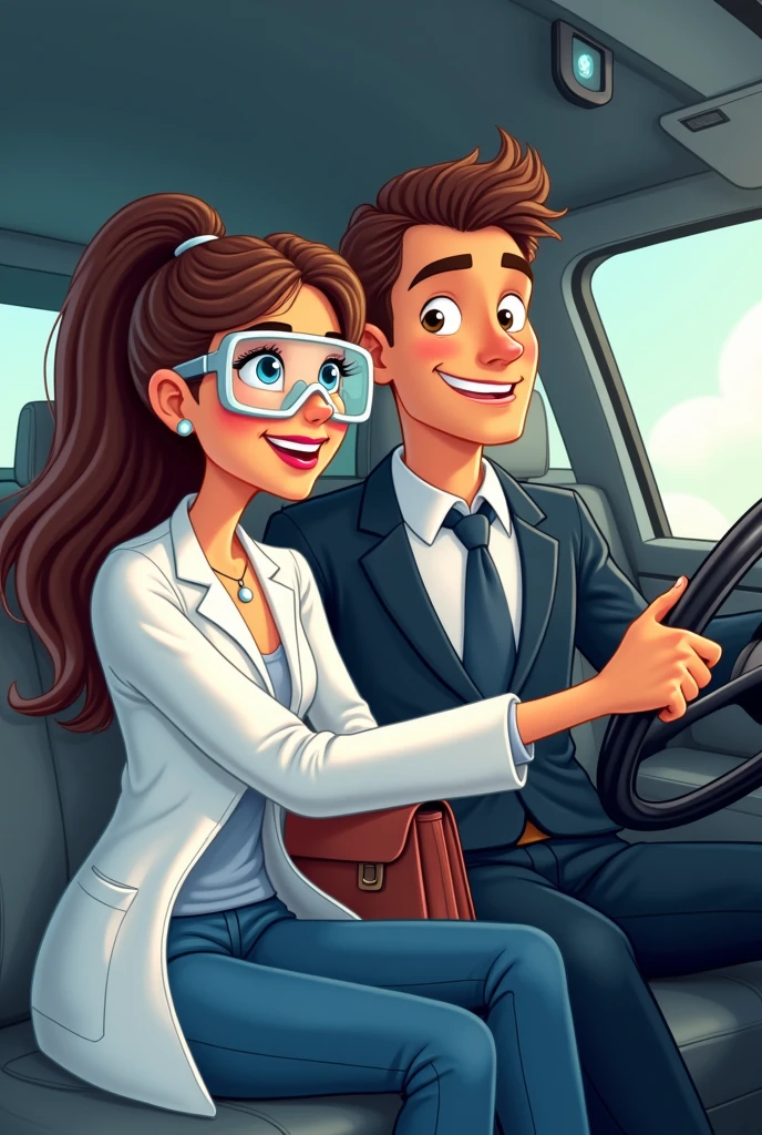 Cartoon couple of a clinical laboratory technician girlfriend and her lawyer boyfriend inside a car, he with his hand on the steering wheel and the other with his girlfriend, both looking forward